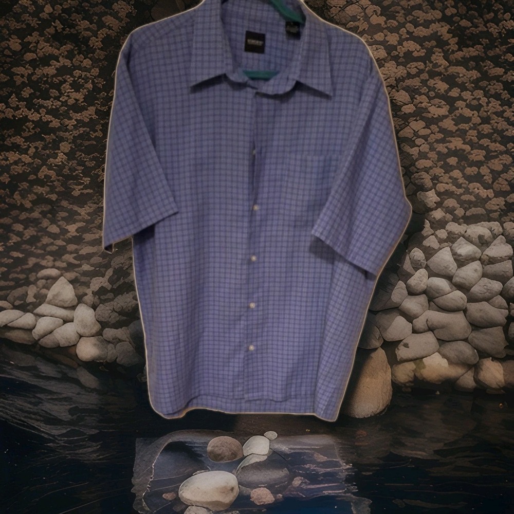 Slates by Dockers Mens L. Cotton Blend Blue Small Plaid Short Sleeve Shirt 0036